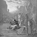 Моисей выбивает воду, ударив по скале в Хориве